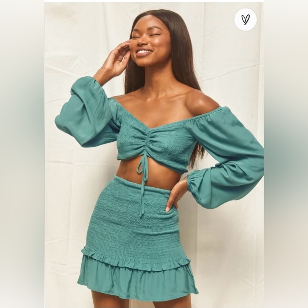 On My Good Side Green Floral Print Smocked Two-Piece Mini Dress - Picture 2 of 8